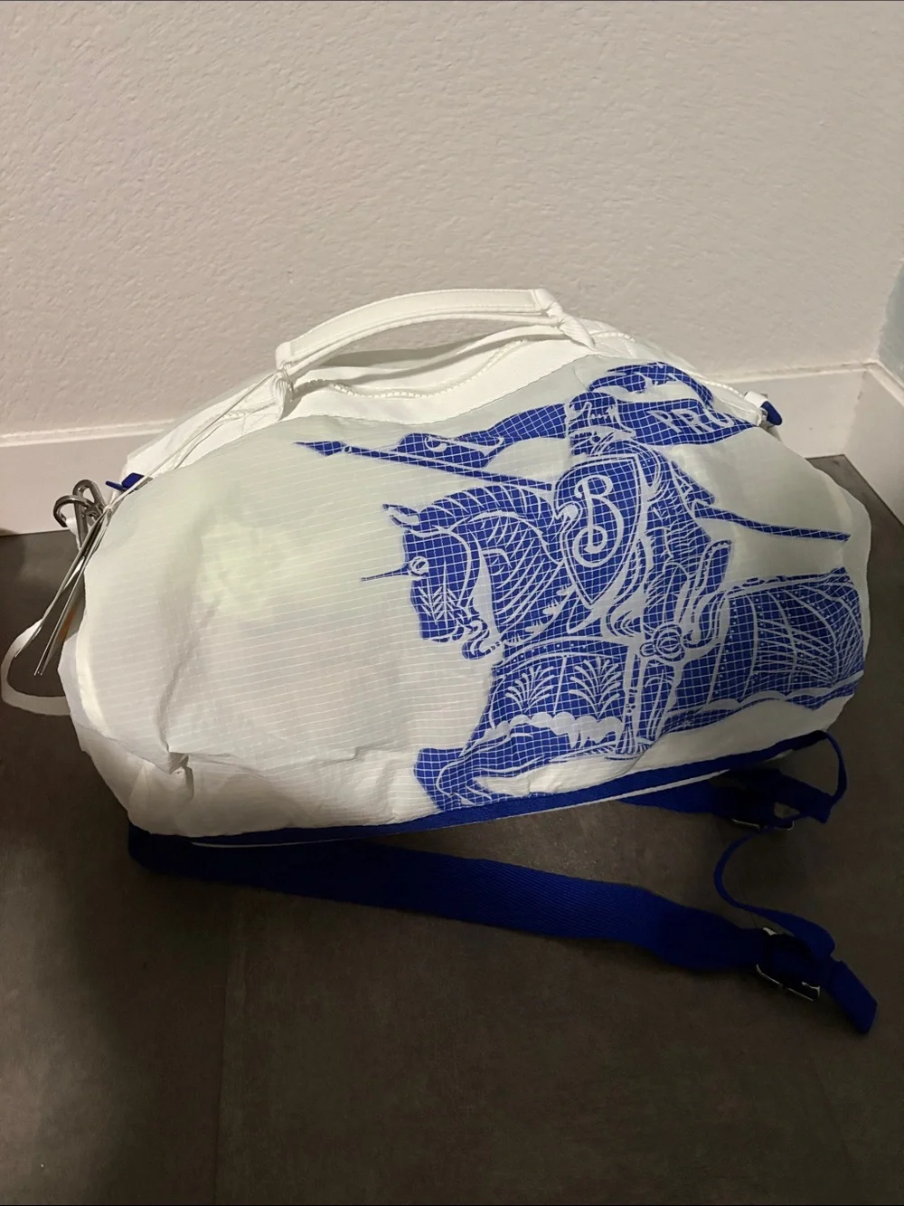 BNWT Burberry Nylon Duffle Backpack with EKD Royal Blue Logo